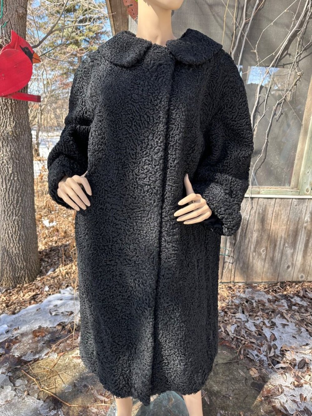 60s Zeiss Black Curly Lamb Astrakhan Persian Fur Coat Full Length with Peter Pan